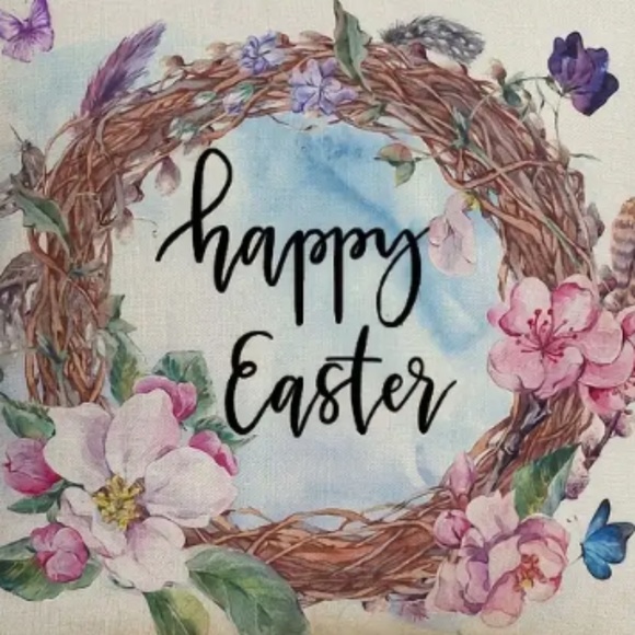 NEW "HAPPY EASTER" FLORAL WREATH DECORATIVE LINEN PILLOW COVER 17.7" X 17.7" - Picture 3 of 4